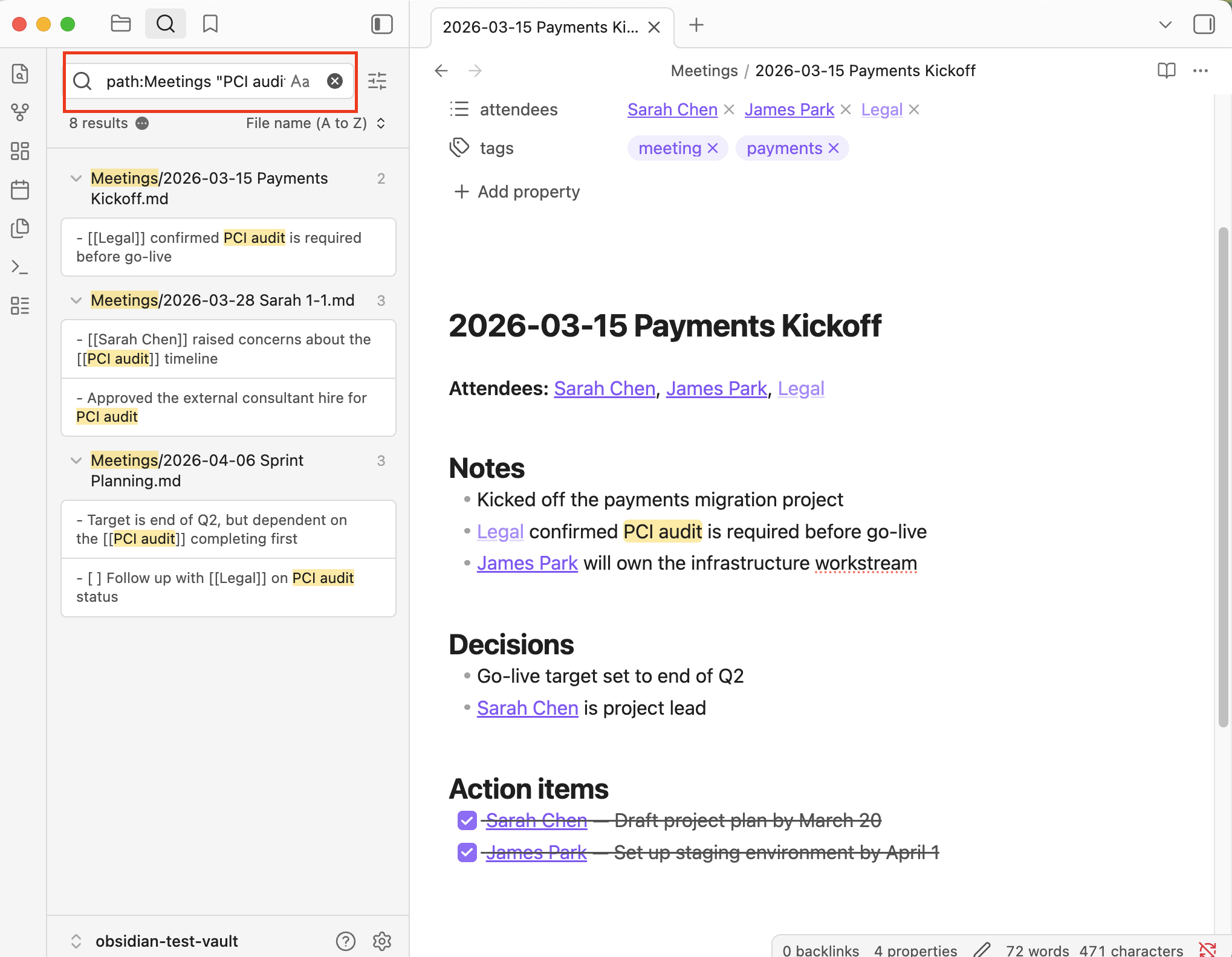 Obsidian search for a topic across all meeting notes