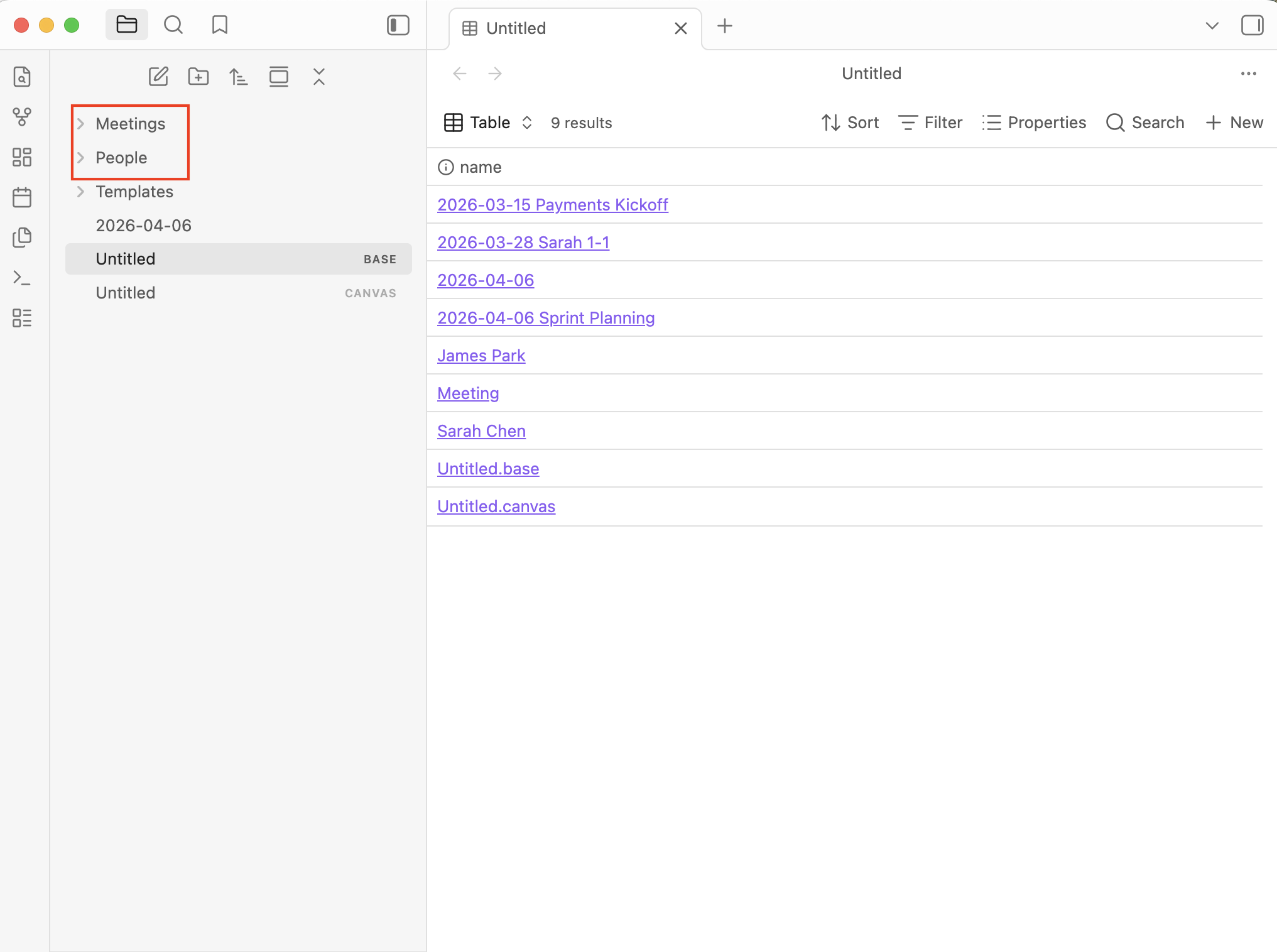 Obsidian vault with Meetings and People folders